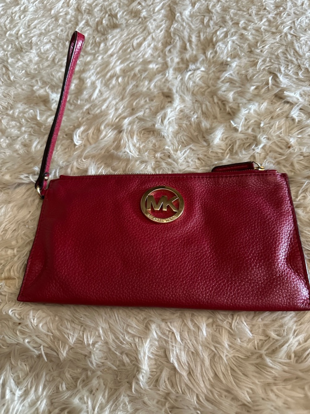Michael Kors Red Pebbled Leather Wristlet with Gold MK Emblem